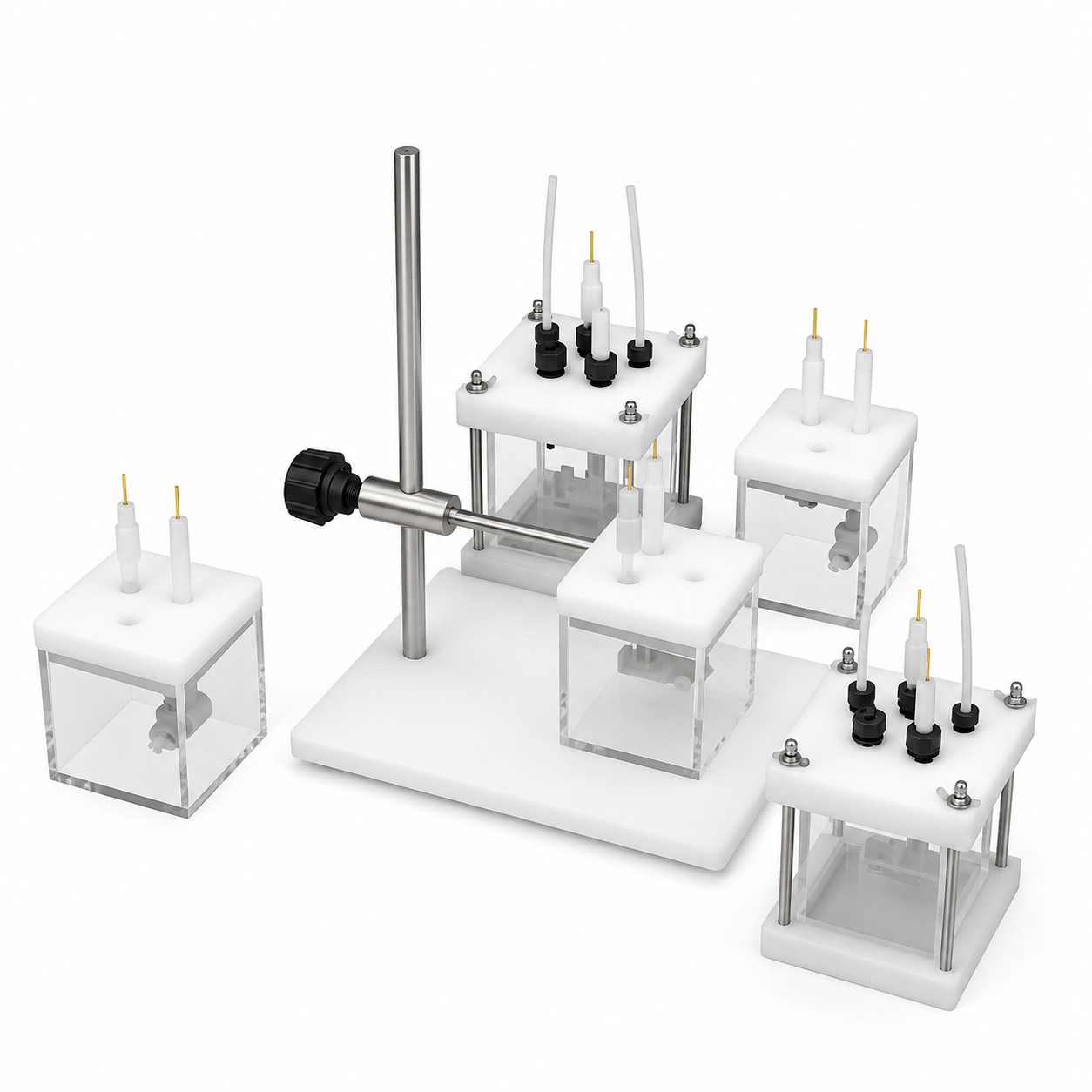 Square quartz electrolytic cells with electrode holder stand for electrochemical experiments Square quartz electrolytic cells with electrode holder stand for electrochemical experiments