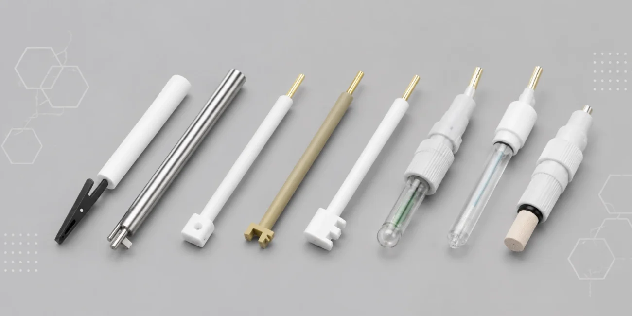 Electrochemical electrode types overview showing working reference and counter electrodes