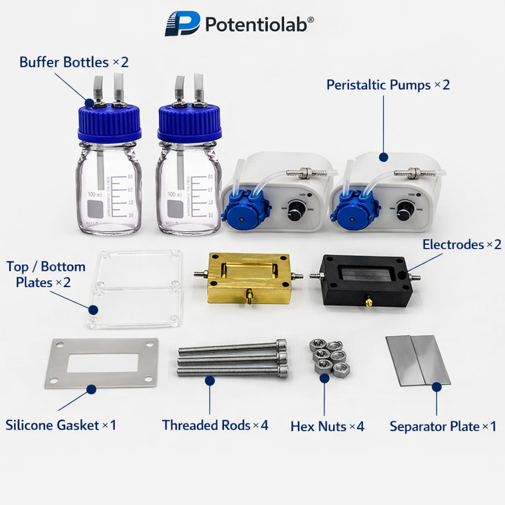 Square flow battery mold kit with peristaltic pumps and airtight bottles