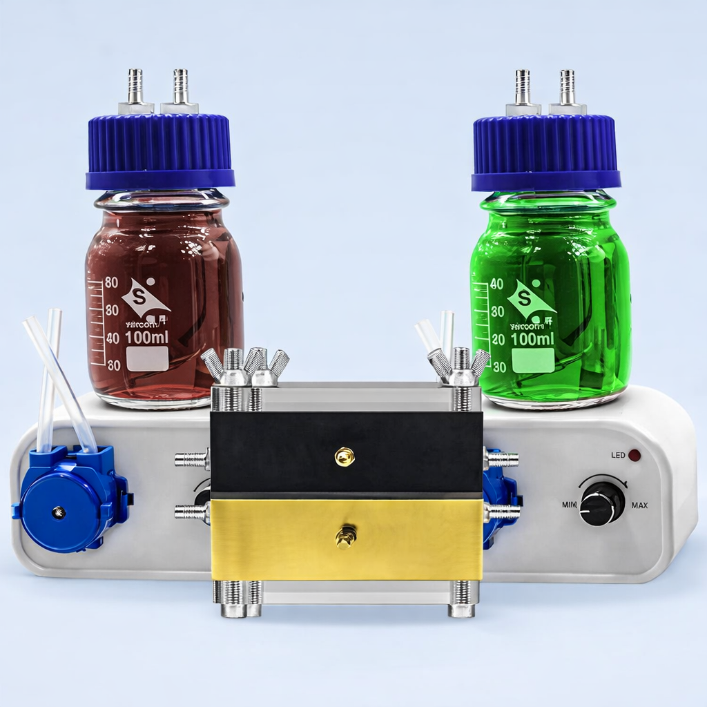Graphite–Brass Flow Battery Test Cell Circulating Electrolytic Flow Cell for Electrochemical Experiments Graphite–Brass Flow Battery Test Cell Circulating Electrolytic Flow Cell for Electrochemical Experiments