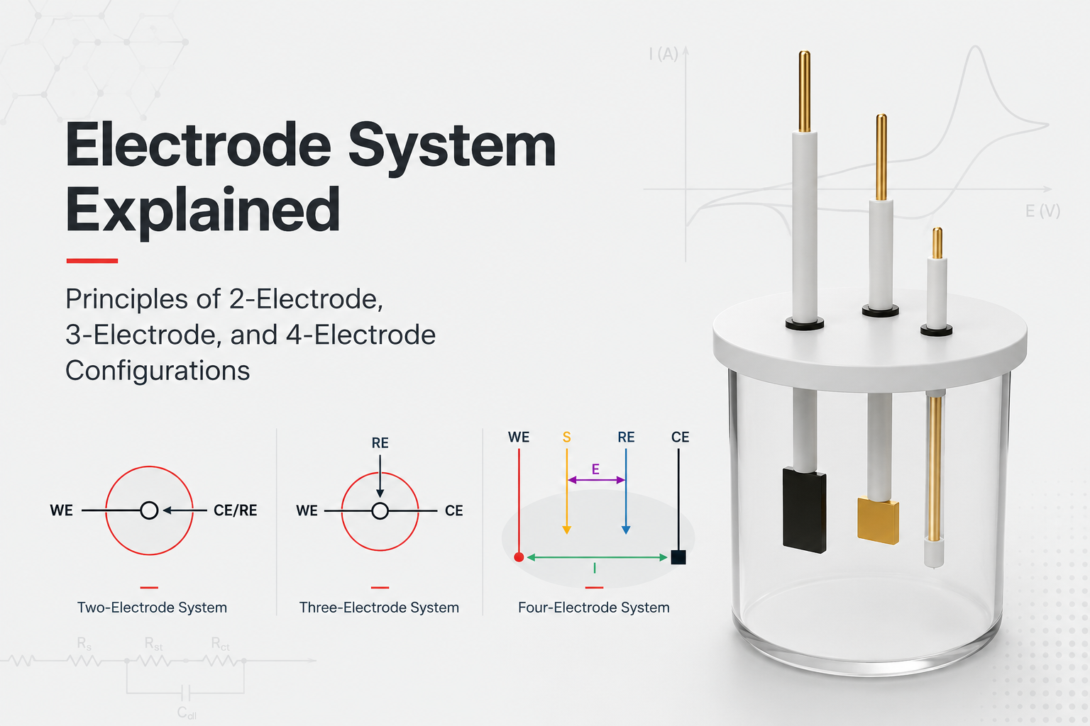 Modern electrochemical electrode systems infographic showing two-electrode, three-electrode, and four-electrode configurations with scientific schematics, electrochemical cell illustration, and clean laboratory-style design.